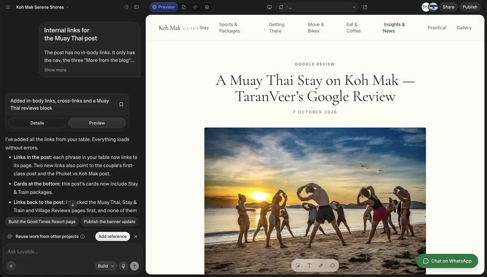 Lovable editor adding internal links to the Koh Mak Muay Thai guest-review post