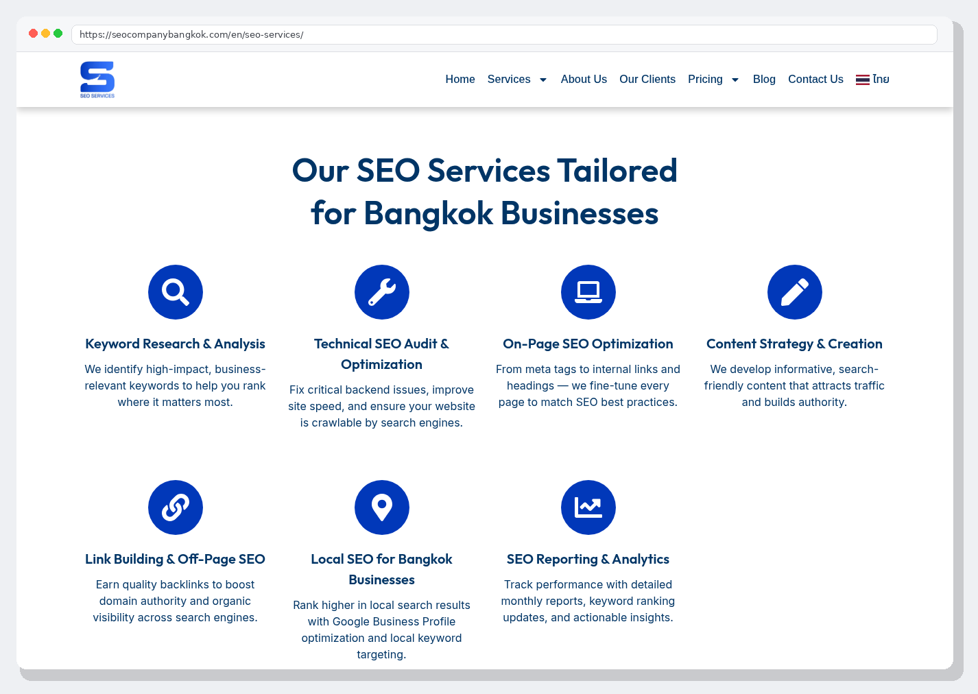 SEO Company Bangkok SEO services page screenshot showing navigation and service offerings